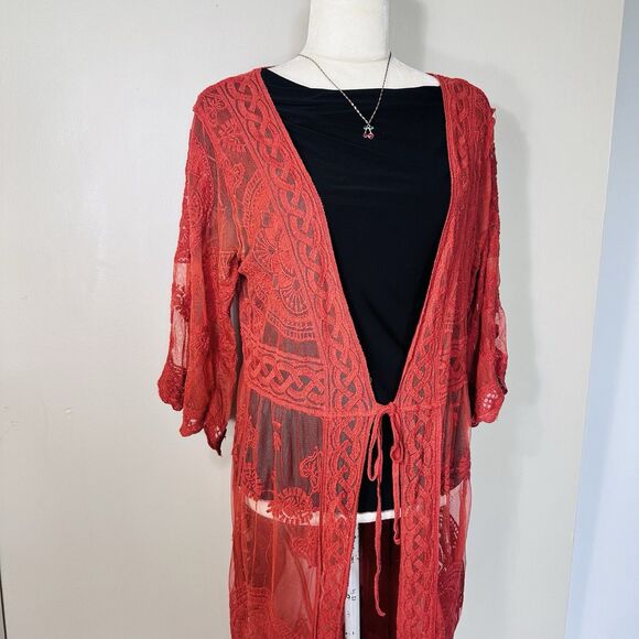 Vivid Collection Open Cardigan SZ M Red Crochet Lace Short Sleeve Top Boho Fall - Picture 4 of 15